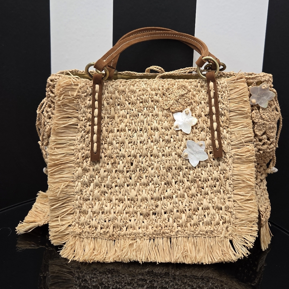 Sans Arcidet Paris Beige Woven Raffia  Tote Bag with Floral Accents NEW